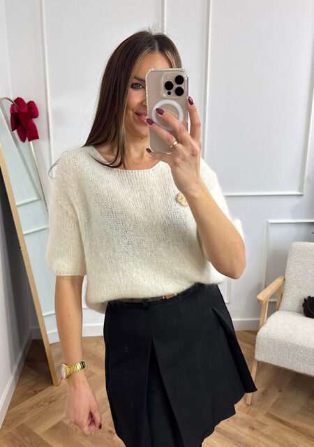 Sweter z krótkim rękawem moher i wełna śmietana