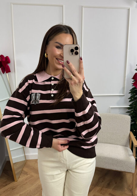 Sweter polo czekoladowo różowy