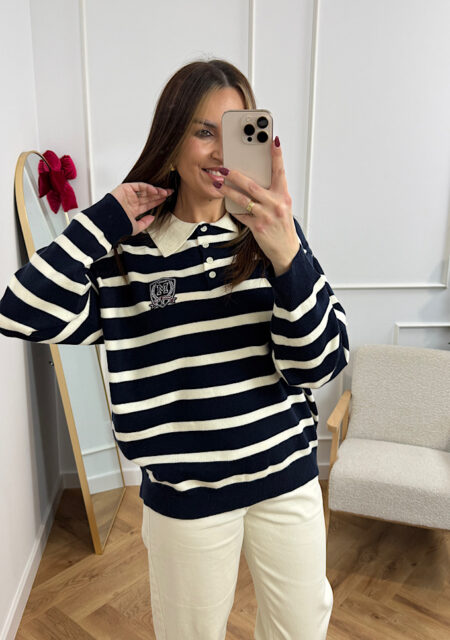 Sweter polo granatowo śmietankowy