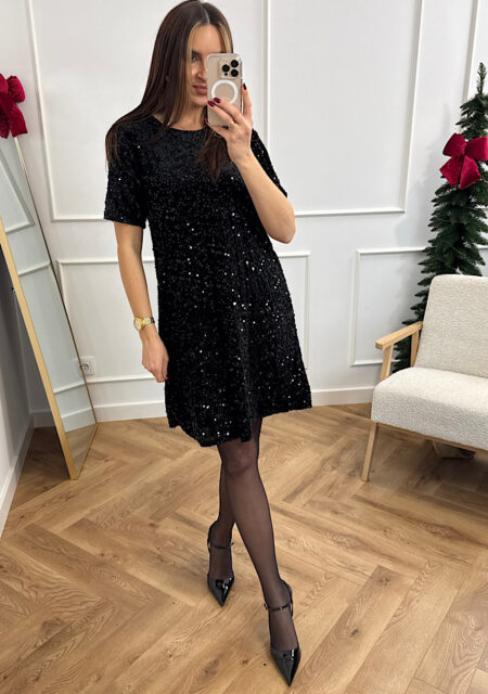 Sukienka welurowa z cekinami czarna w literę A