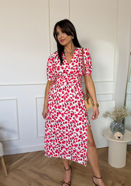 Sukienka midi Rozalia biała w czerwone kwiaty