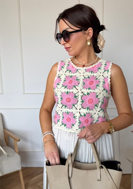 Bawełniany krótki TOP bluzka ażurowa