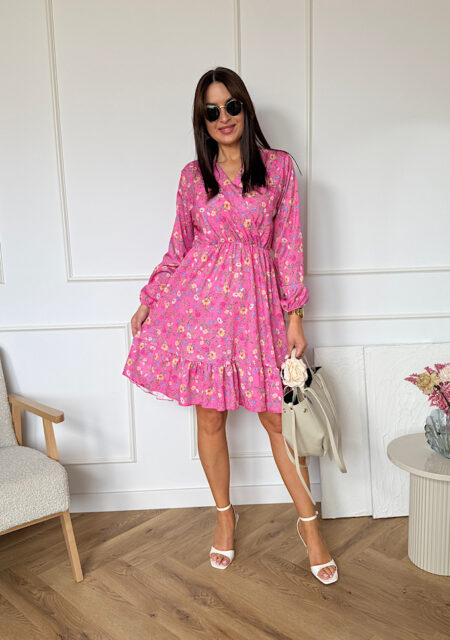 Sukienka Sara z falbaną różowa w kwiaty