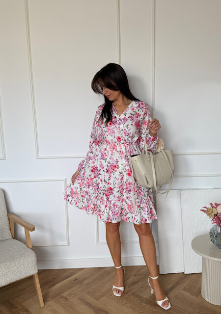 Sukienka Sara z falbaną biała w kwiaty