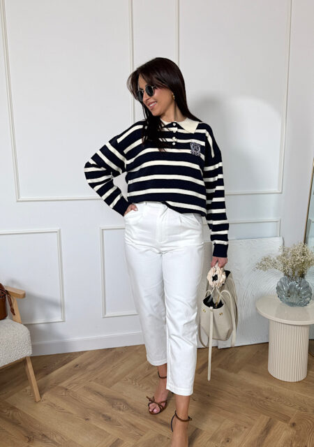 Sweter polo granatowo śmietankowy