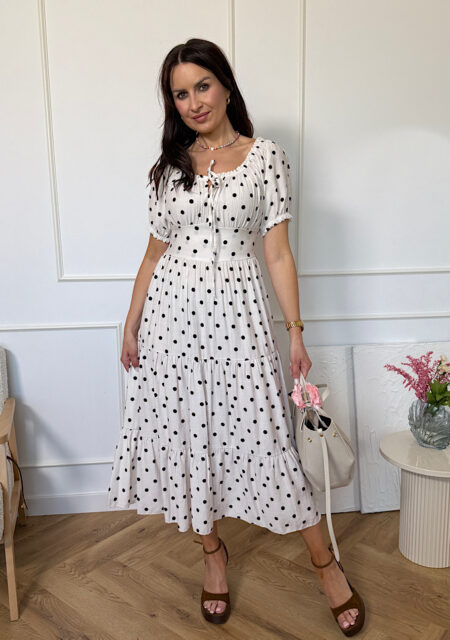 Sukienka midi Dots kremowa w czarne grochy