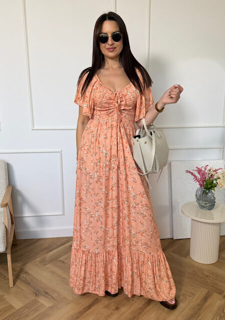 Sukienka maxi Karen z wiskozy morelowa w kwiaty - UNI