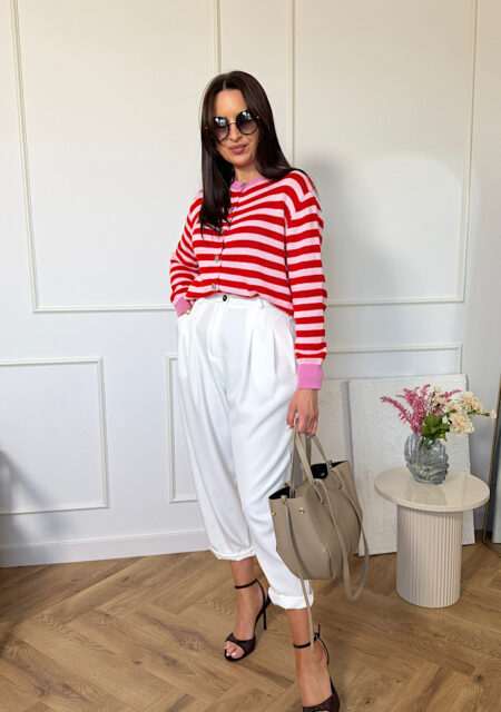 Sweter w paski bawełniany letni różowo czerwony