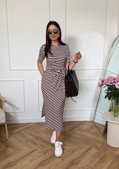 Sukienka Laura2 wiązana Basic w paski bordowe