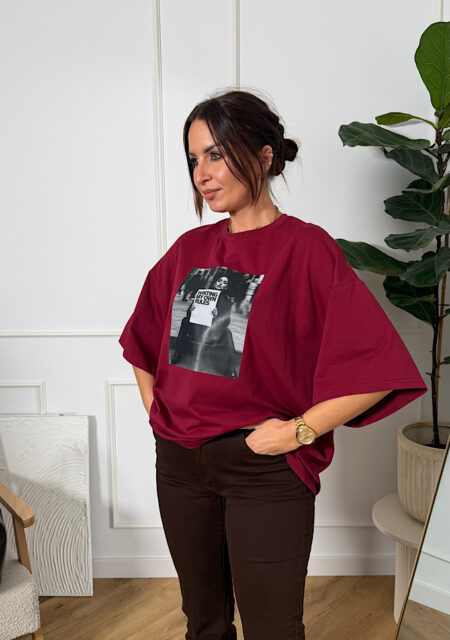 T-shirt duży oversize z aplikacją bordo