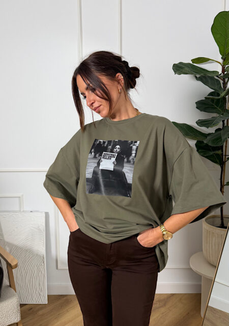 T-shirt duży oversize z aplikacją khaki